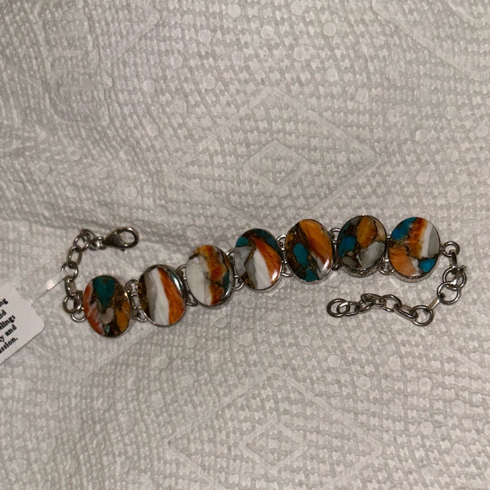 NEW 925 Sterling Silver Spiny Copper Turquoise Oval Link Bracelet - Picture 8 of 14